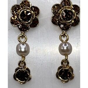 Vtg Premier Designs Earrings 20th Anniversary GoldTone Amber Faux Pearl Timeless